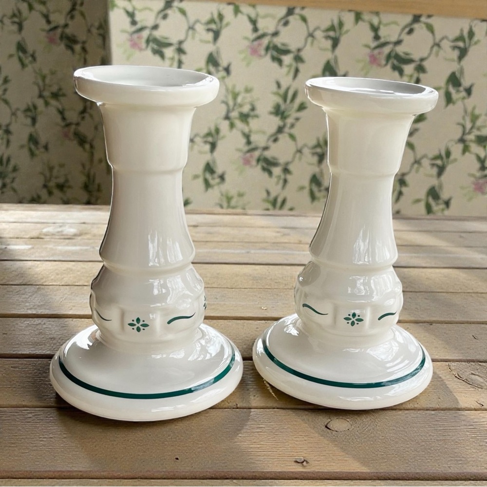Longaberger Pottery Woven Traditions Heritage Green 5” Candlesticks Set